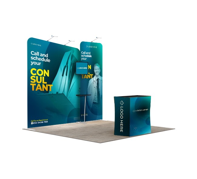 10ft Inline Trade Show Booth – Portable Backwall Display with Counter & Monitor Stand