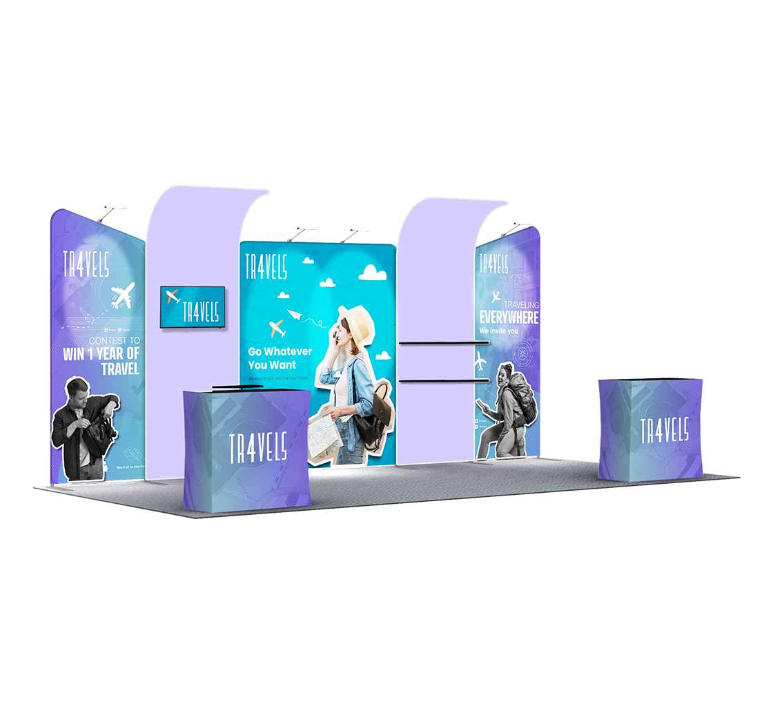20ft Inline Trade Show Booth – Modular Fabric Display with Podium, Shelves & LED Lights