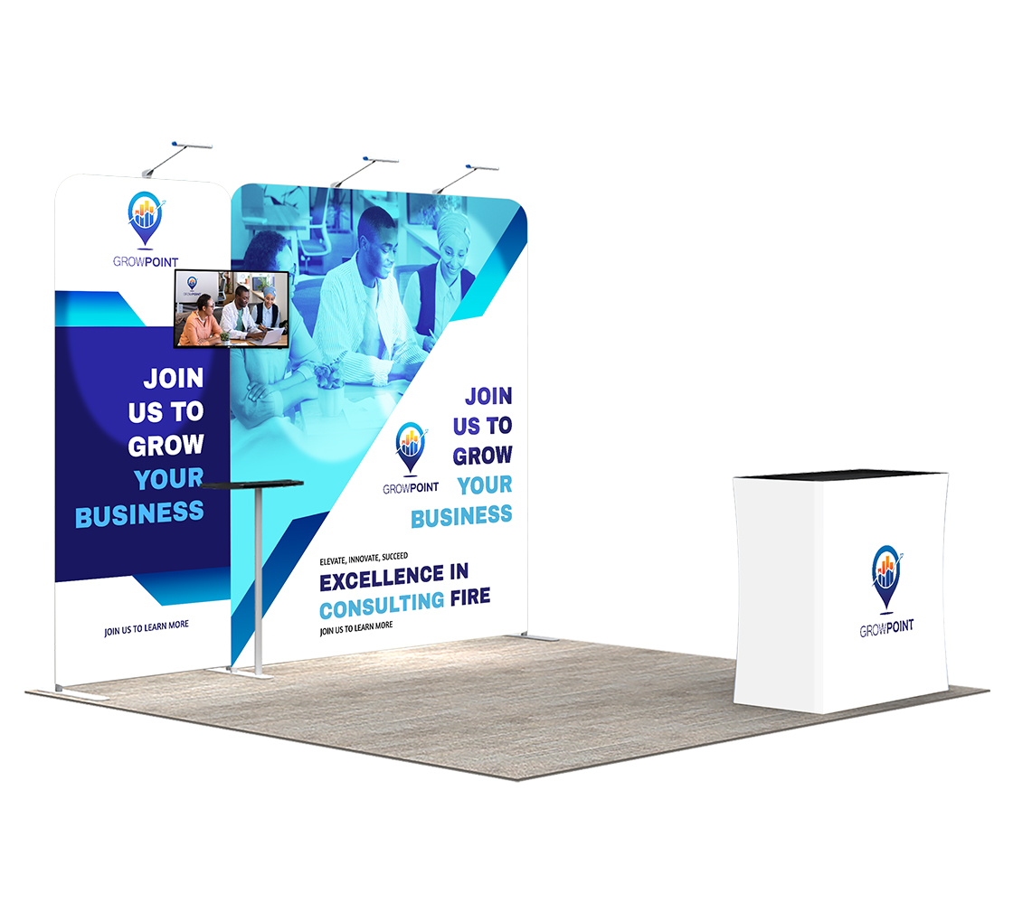 10ft Inline Trade Show Booth – Modular Display with LED Lights, Monitor Mount & Counter