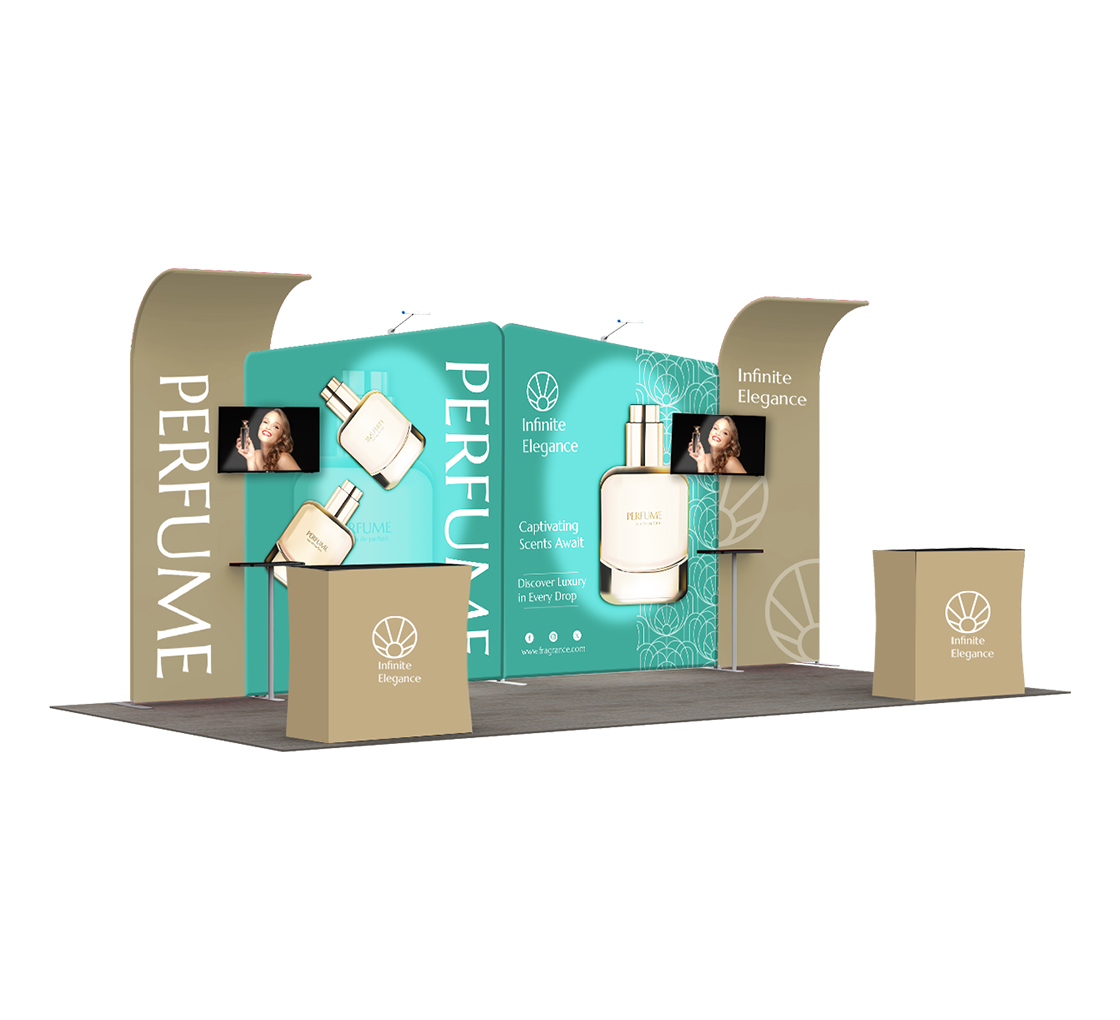 20ft Inline Trade Show Booth – Curved Backwall with Dual Counters