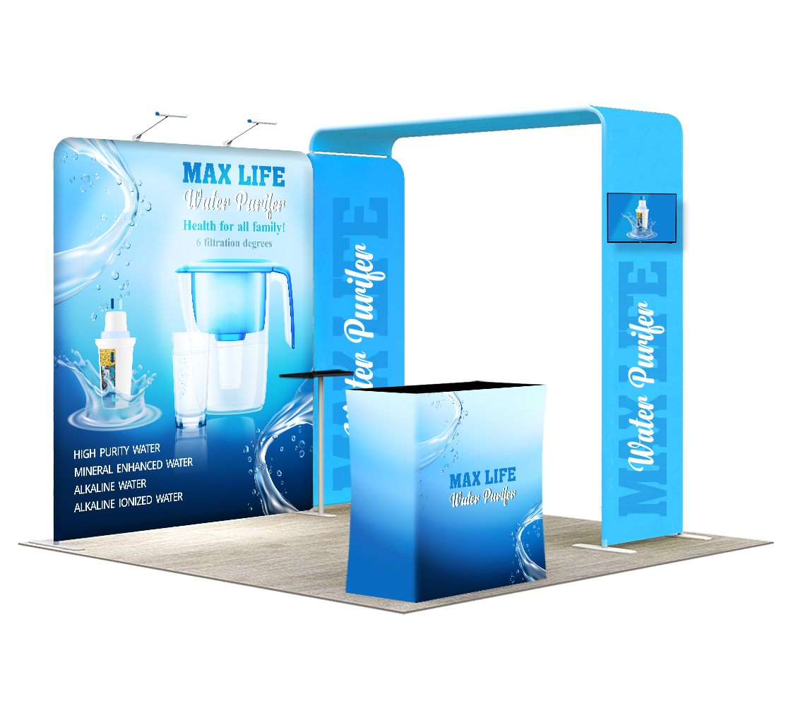 10ft Inline Trade Show Booth – Portable Backwall Display with LED Lights & Counter