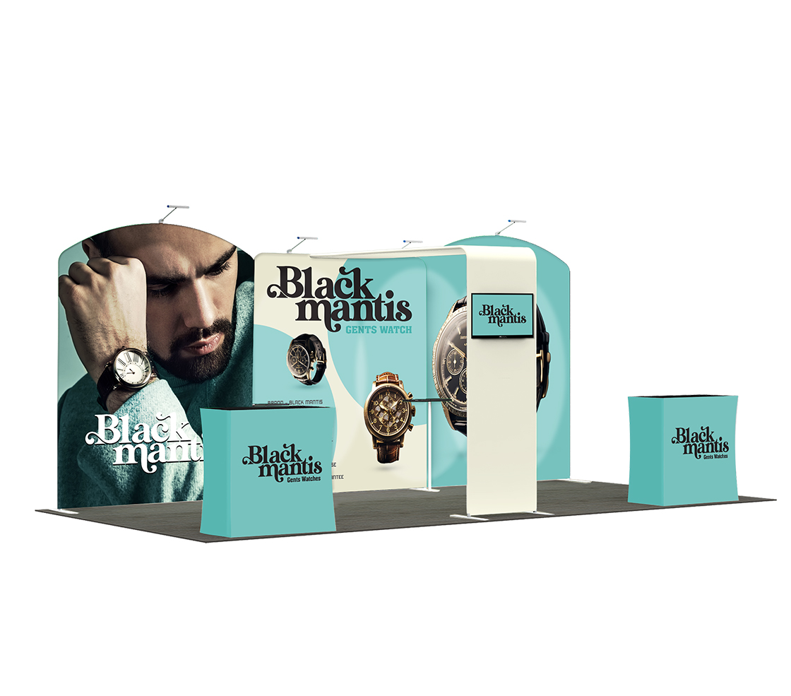 20ft Inline Trade Show Booth – Complete Display Package with Dual Podiums & Banner Stand