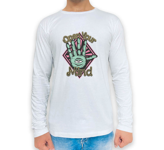 Men's Printed Long Sleeve Organic T shirt - Crew Neck 